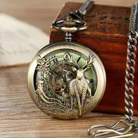 Pocket Watches Vintage Hollow Deer Wolf Horse Skeleton Mechanical Watch Double Open Cover Fob Chain Men Steampunk Pendant Gifts Women
