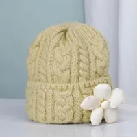 Beanies 2022 Women Hat Knitted Winter Warm Cap Female With Flowers Solid Color Cotton Knitting Muts Curled Coarse Beanie