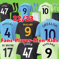 22 23 Soccer Jersey Haaland de Bruyne Grealish Mans Cities Sterling Mahrez Foden Fans Player versie 2022 2023 voetbaltops Shirt Kids Sets apparatuur