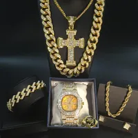 Men's Golden Watch Hip Hop Men Necklace Watch Necklace Bracelet Ring Combo set Iced Outed Cuban Golden Jewelry Set236q