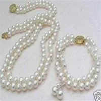 word Love women Fashion Jewelry Charming 2 Rows White 8mm Akoya Cultured Pearl Necklace Bracelet earring set254G