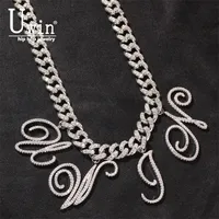 Pendant Necklaces Uwin 12mm DIY Cursive Letters Miami Cuban Link Necklace Gold Silver Plated Luxury Micro Paved CZ Chain 220923
