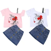 Clothing Sets 2PCS Toddler Girls Summer Clothes Short Sleeve Strap T-Shirts Mini Denim Skirt Set 2022 Baby Outfits 1-6Y