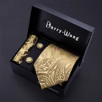 Neck Tie Set Gold Men Paisley Silk Pocket Square Gift Box Barry.Wang Luxury Designer For Male Gravat Wedding BB5150 220923