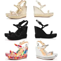 Luxury Woman sandal wedge high heels Espadrille WEDGES Reds sole sandals Pyraclou studded ankle strap womens dress party gift with box