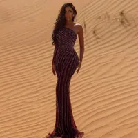 Gorgeous Beading Burgundy Evening Dresses Single Long Sleeve Celebrity Gown Sequin Tulle Arabic Dubai Abendkleider Novias