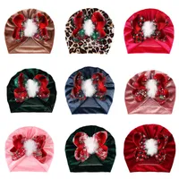 Baby Girls Fabric Bow Hat with Snowflakes Hairball Center Kids Turban Velvet Caps Leopard Beanies Christmas Gifts