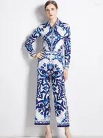 Kvinnors tv￥delade byxor Autumn 2022 Fashion Runway 2 Set Women Elegant Blue and White Porslin Print Shirt Trousers Suits Office Work Wear