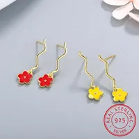 Stud Earrings Cute Jewelry Delicate Girl Women Ear Red Yellow Enamel Tiny Flower 925 Sterling Silver Wave Minimalist Earring