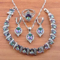 Necklace Earrings Set 2022 Bridal Rainbow Zirconia 925 Sterling Silver Pendant Ring Bracelet Sets JS0511