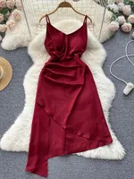 Casual Dresses Summer Women Strap Dress Solid V-neck Sleeveless Folds Slim High Waist A-line Irregular Vintage Satin Vestidos