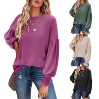Women's T Shirts Women's Autumn Winter Tops Round Neck Long Pleated Lantern Sleeves Ladies Casual Wear Clothes Pullover Ruffle Cuffs