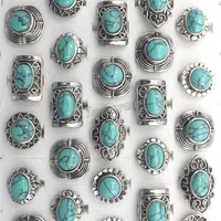 Brand New Vintage Turquoise Stone Rings Mixed Design Adjustable Antique Tibetan Silver Rings 50pcs Whole224A