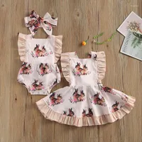 Girl Dresses 0-5 Y Summer Family Matching Outfits Clothing Girls Floral Print Square Collar Sleeve Dress Baby Romper With