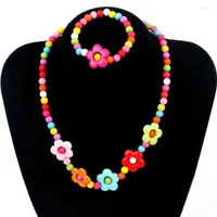 Necklace Earrings Set Acrylic Bead Flower Strand Bracelet Kids Children Jewelry For Girls Candy Multi Color Baby Girl Birthday