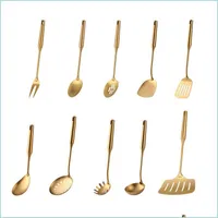 Cooking Utensils 1Pcs Stainless Steel Gold Cooking Tools Anti-Slip Handle Kitchen Utensils Set Turner Ladle Spoon Home R Mylarbagshop Dhtoc