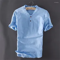 القمصان T TX166 Summer Men T-Shirt Retro Bremium Linen Cotton Disual Simple Simple Simple Thin Twiber String Twist Short