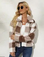 여자의 격자 무늬 테디 재킷 칼라 스타일 가을/겨울 동안 칼라를 돌리십시오.