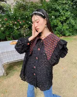 Women's Blouses ZCSMLL Vintage Feather Ruffle Black Designer Shirt For Women Spring 2022 See Through Top And Blouse Long Sleeve Button