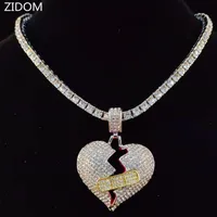 Men Hiphop Broke Heart Pendant Necklace With 5mm Tennis Chain Iced Out Bling Jewelry Male Fashion Gifts Necklaces284W