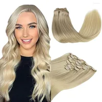 Human Hair Bulks POPUKAR Clip In Thick Straight Light Brown Highlights Platinum Blonde Color On Real Extensions Remy