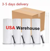 US Local Warehouse Straight Sublimation Tumblers 20 Oz Double Wall Stainless Steel Insulated Tumbler with Plastic Straw Lid Cups White Blank Mug F0927