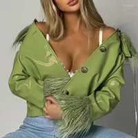 Women's Jackets 2022 Autumn And Winter Women's Fashion Long-sleeved Fur Collar Single-breasted Slim Warm Leather Jacket Women Green