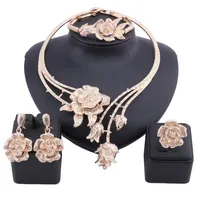 New Women Dubai Gold Color Statement Flower Crystal Wedding Accessories Necklace Earring Ring Bangle Jewelry Set300V