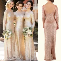 Scoop Neck Sequined Lace Bridesmaid Dresses Long Sleeves Floor length Bohemian Country Mermaid Junior Maid of Honor Wedding Party Dress