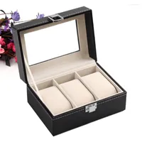 Watch Boxes Luxury Faux Leather 3 Slots Jewelry Box Stand Display Men's Glass Top Storage