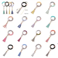 tassels wood bead keychain Silicone Beads Bracelet Party Favor Leather key ring Food grade silicon Wrist Keychains Pendant JNB15795