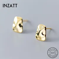 INZAReal 925 Sterling Silver Irregular Geometric Glossy Stud Earrings For Charming Women Party Fine Jewelry Gold Color Gift272C