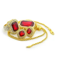 Fashion Jewelry Sets For Men Women Ruby Pendant Colorful Earrings Gold Plated Ring Hip Hop Charm Necklace Set288u