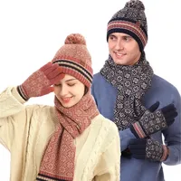 Scarves Autumn Winter Threepiece Hats Scarf Gloves Set Womens Hat Soft Mens Scarf Knitted Beanie Cap Warm Mitten Plush Woolen PomPon 220927