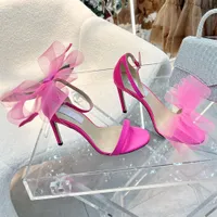 Sandals Shoe Luxury Designer High-Heeled Rose Pink Vamp Heel Cross Big Bow Fluorescent Vamp Open Toes Strap Box Size 35-42 pyt