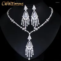 Necklace Earrings Set CWWZircons Sparkling White Cubic Zirconia Large Long Dangling Drop Wedding Earring Brides Jewelry Accessories T419