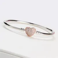 New Rose Gold Heart CZ Diamond Bangle Bracelet 세트 Pandora 925 Sterling Silver Women Wedding Bracelets Jewelry AC249I를위한 원래 상자