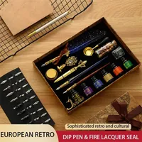 Fountain Pens Antique Feather Dip Pen Kit Retro Wooden Dip Pen Set Classic Wax Seal Stamp Kit for Calligraphy Art Words Gifts 220927