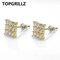 TOPGRILLZ Hip Hop 3Row Cubic Zircon Square Stud Earrings Men Women Jewelry Gold Silver Color CZ Earring With Screw Back Buckle2692