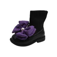 Boots Kids Shoes Children Casual Footwear Autumn Winter Single Pearl Big Bow Girl Elastic Socks Princess E13764