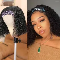 Short Curly Bob Headband Human Hair Glueless Full Machine Made Fringe Brazilian For Black Women