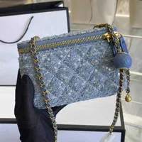 Bags 10cm 19cm Ladies Glitter Cosmetic Bags Box Denim Cowboy Blue Designer Sparkle Sequins Zipper Mini Golden Metal Chain Hardware Handbag