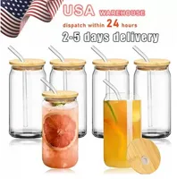 US warehouse 12oz 16oz Sublimation Glass Beer Mugs with Bamboo Lid Straw B0927