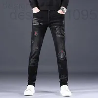 Women's Jeans designer 2022 New Men's Small Feet Straight Tube Korean Slim Fit Stretch Embroidery Printed Black Long Pants ME33