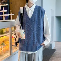 Men's Sweaters Men Twist Sweater Vests Solid Vneck Preppy Couples Sleeveless Knitted Clothing Ins Loose Trend Allmatch Jumpers Waistcoats Man 220926