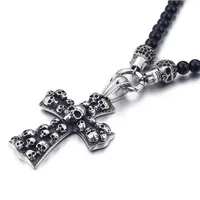 Fashion Punk Rock Black Glass Bead Skull Pendant Necklace For Men Women Stainless Steel Cross Necklaces & Pendants 50CM Long Jewel315p