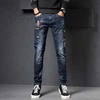 Men's Jeans designer trendy perforated embroidered jeans fashion brand slim fit small feet stretch casual pants 2EY8