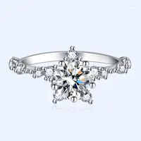 Anillos de racimo Real Moissanite Sun Flower Ring 1 Diamond Lotus Women Fancy Weddal Bridal Sterling Silver Jewelry incluye caja