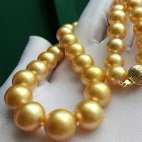 NEW FINE gorgeous 12-15mm real round south sea gold yellow pearl necklace 18inch 14k2012