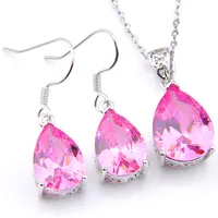 LuckyShine 5 Sets Crystal Zircon Water Drop Kunzite Earrings and Pendant Chain Necklace 925 Silver Women Fashion Wedding Sets 201I